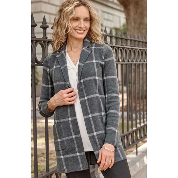 NWT J. Jill Wearever Windowpane Sweater Jacket Gray W/White Knit Women's Size S - Picture 1 of 14